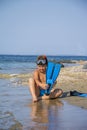 Beautiful little boy with diving gear ready to dive Royalty Free Stock Photo