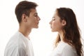 Beautiful boy and girl in love standing with their eyes closed. Woman waits for the kiss of her beautiful prince Royalty Free Stock Photo
