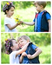 Beautiful boy and girl in a park, boy giving flowers to the girl Royalty Free Stock Photo