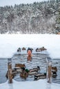 Beautiful boy out focus bathing and swimming in the cold water Royalty Free Stock Photo
