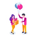 Beautiful boyfriend is presenting a gift to her handsome girl and smiling. Ballon and gift box. Vector isometric