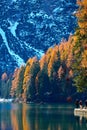 The beautiful Braies lake in late autumn with a little snow, Pearl of the Dolomite lakes is an UNESCO heritage and is located in