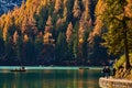 The beautiful Braies lake in late autumn with a little snow, Pearl of the Dolomite lakes is an UNESCO heritage and is located in