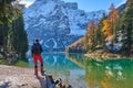 The beautiful Braies lake in late autumn with a little snow, Pearl of the Dolomite lakes is an UNESCO heritage and is located in