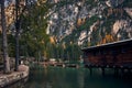The beautiful Braies lake in late autumn with a little snow, Pearl of the Dolomite lakes is an UNESCO heritage and is located in