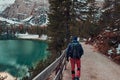 The beautiful Braies lake in late autumn with a little snow, Pearl of the Dolomite lakes is an UNESCO heritage and is located in