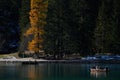 The beautiful Braies lake in late autumn with a little snow, Pearl of the Dolomite lakes is an UNESCO heritage and is located in