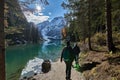 The beautiful Braies lake in late autumn with a little snow, Pearl of the Dolomite lakes is an UNESCO heritage and is located in