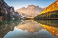 Beautiful Braies lake at sunrise in autumn in Dolomites, Italy Royalty Free Stock Photo