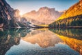 Beautiful Braies lake at sunrise in autumn in Dolomites, Italy