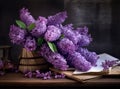 beautiful branch of lilac flowers on a dark green blurred background. long natural banner. concept for spring greetings