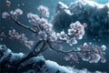 Beautiful branch, mild fairy mist, pale blue plum blossom, plum blossom