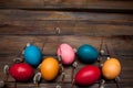 Beautiful branch of willow and easter eggs wood background Royalty Free Stock Photo