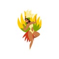 Beautiful Brazilian girl dancing samba, woman in festive costume with bright plumage vector Illustration on a white