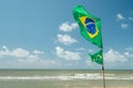 Beautiful Brazilian National Flag Waving in a blue sky day Royalty Free Stock Photo