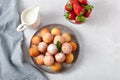Beautiful breakfast. Cottage cheese donuts balls on a light background