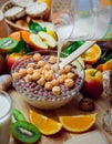 Beautiful breakfast. Milk,fruits, bread