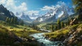 Beautiful, breathtaking view on nature landscape with mountains, forest, meadow and lake. Colorful image. Ai generated art