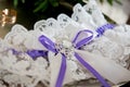 Beautiful bridal accessory garter with blue ribbons Royalty Free Stock Photo