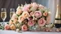 Beautiful bridal bouquet, glass of champagne luxury elegant decoration