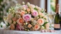 Beautiful bridal bouquet, glass of champagne luxury elegant decoration design