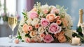 Beautiful bridal bouquet, glass of champagne luxury