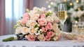 Beautiful bridal bouquet, glass of champagne luxury elegant