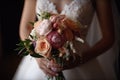 Beautiful bridal bouquet in the hands of the bride, closeup, bride holding a beautiful wedding bouquet close to her chest, AI Royalty Free Stock Photo