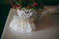 Beautiful bridal garter of bride light white color