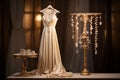 Beautiful bridal gown hanging in dark room. Generative AI Royalty Free Stock Photo