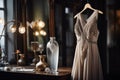 Beautiful bridal gown hanging in dark room. Generative AI Royalty Free Stock Photo