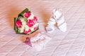 Wedding bouquet, bride shoes and wedding rings Royalty Free Stock Photo