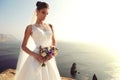 Beautiful bride with dark hair in luxurious wedding dress Royalty Free Stock Photo