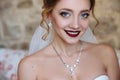 A beautiful bride and a dress with open shoulders. A close-up shot of a girl with a delicate eye makeup and red lips Royalty Free Stock Photo