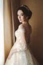 Beautiful bride in elegant wedding dress and diadem posing in r