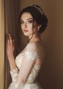 Beautiful bride in elegant wedding dress and diadem posing in r