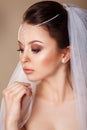 Beautiful bride with fashion wedding hairstyle with a tiara in her hair - on white background.Closeup portrait of gorgeous bride Royalty Free Stock Photo