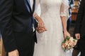 beautiful bride and groom hands exchanging wedding rings in church during wedding ceremony. spiritual holy matrimony. wedding Royalty Free Stock Photo