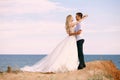 Beautiful bride and groom hug on the background of the sea, standing on the edge of the mountain