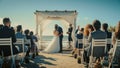 Beautiful Bride and Groom During an Outdoors Wedding Ceremony on a Beach Near the Ocean. Perfect Royalty Free Stock Photo