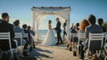 Beautiful Bride and Groom During an Outdoors Wedding Ceremony on a Beach Near the Ocean. Perfect Royalty Free Stock Photo