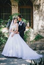 Beautiful bride and groom posing in a yard of a castle Royalty Free Stock Photo