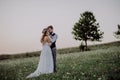 Beautiful bride and groom at sunset in green nature.