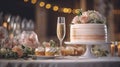 Beautiful bride and groom table at wedding. Bridal cake, champagne, flowers and cupcakes.