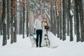 Beautiful bride and groom with two siberian husky are posed on background of snowy forest. Artwork Royalty Free Stock Photo