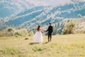 Beautiful bride and groom walking back holding hands on meadow Royalty Free Stock Photo