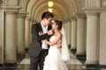 A beautiful bride and handsome groom at Christian church during wedding. Royalty Free Stock Photo