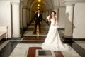 A beautiful bride and handsome groom at Christian church during wedding. Royalty Free Stock Photo