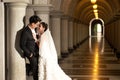 A beautiful bride and handsome groom at Christian church during wedding. Royalty Free Stock Photo