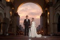 A beautiful bride and handsome groom at Christian church during wedding.